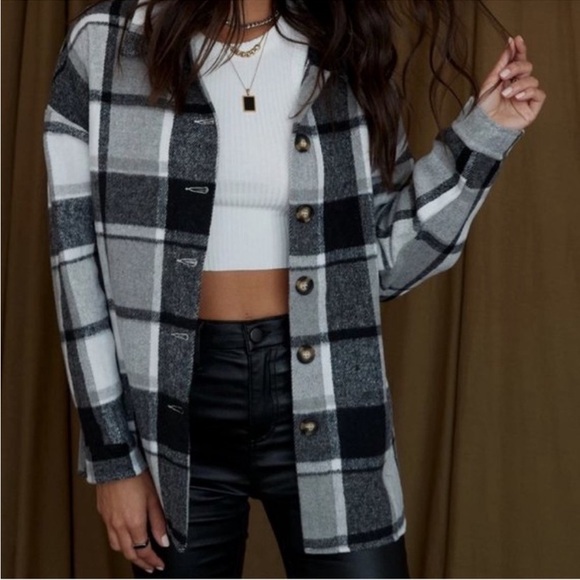 12th Tribe Jackets & Blazers - Plaid Cabincore Shacket Jacket Black White Plaid Cotton Blend Flannel Checkered